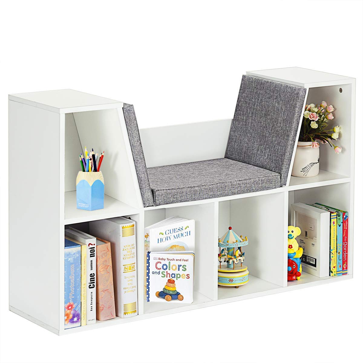 Kids Bookshelf with Reading Nook, 6 Cubby Bookcase