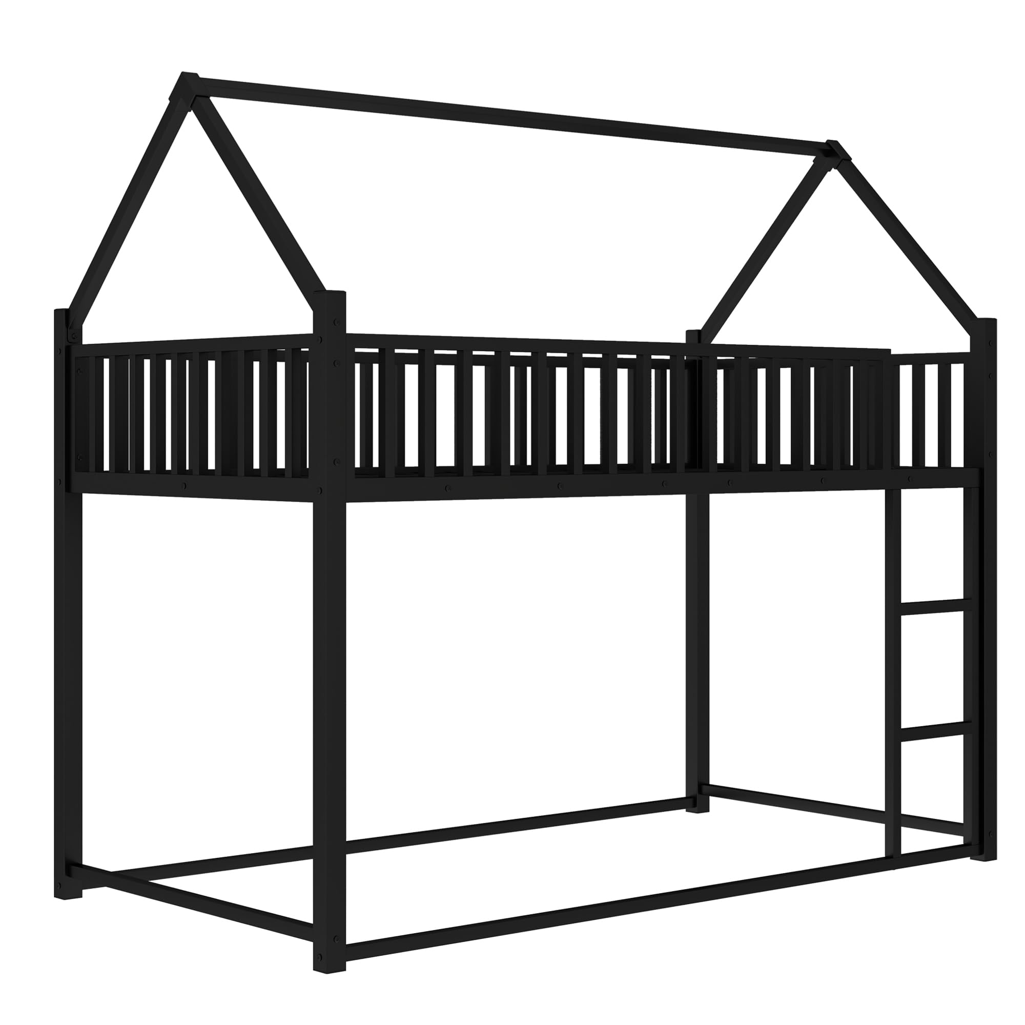 Twin Over Twin House Bed, Metal Floor Bunk Bed with Safety Guardrails and Roof