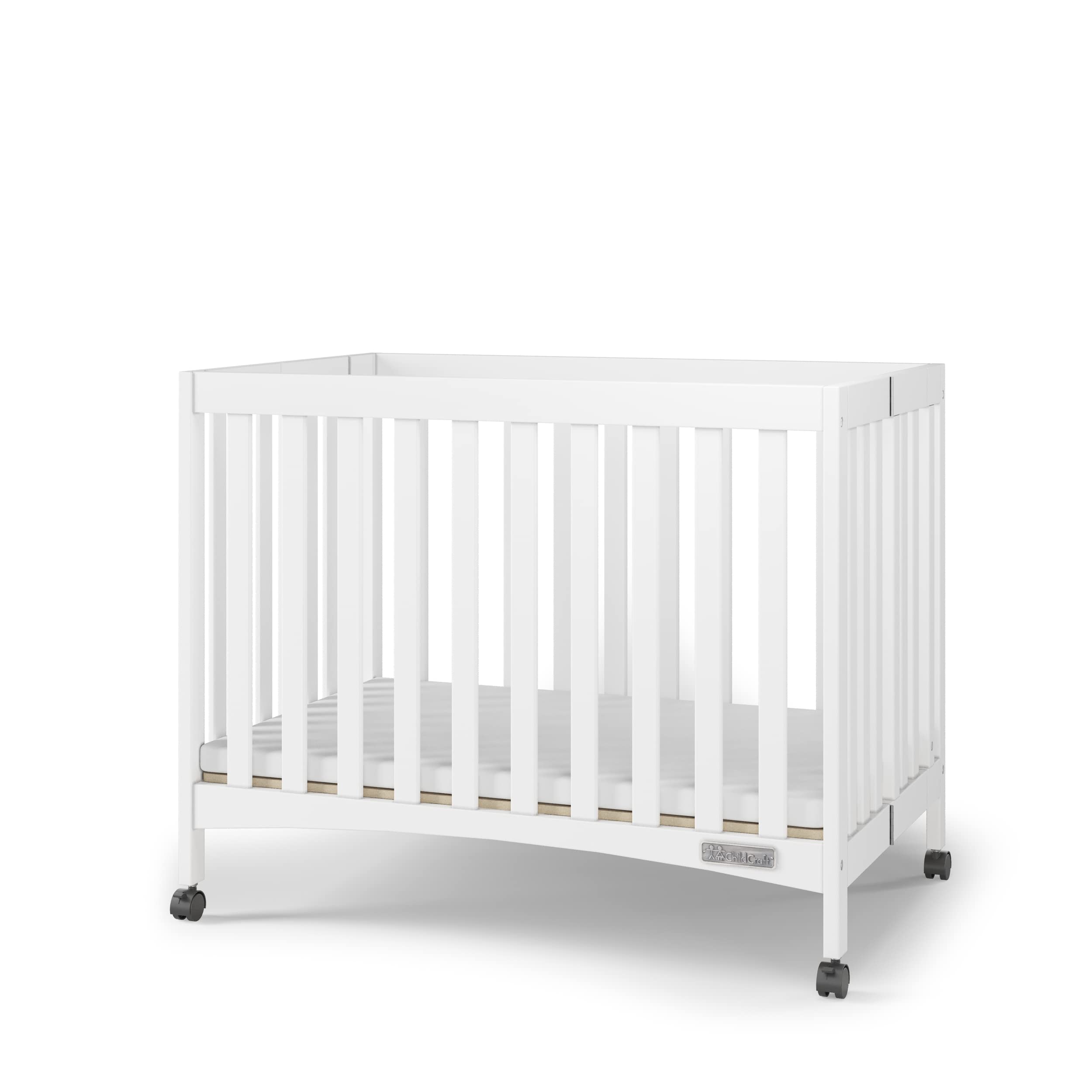 Mini Compact Folding Portable Crib with 2” Crib Mattress and 2 Easy Roll