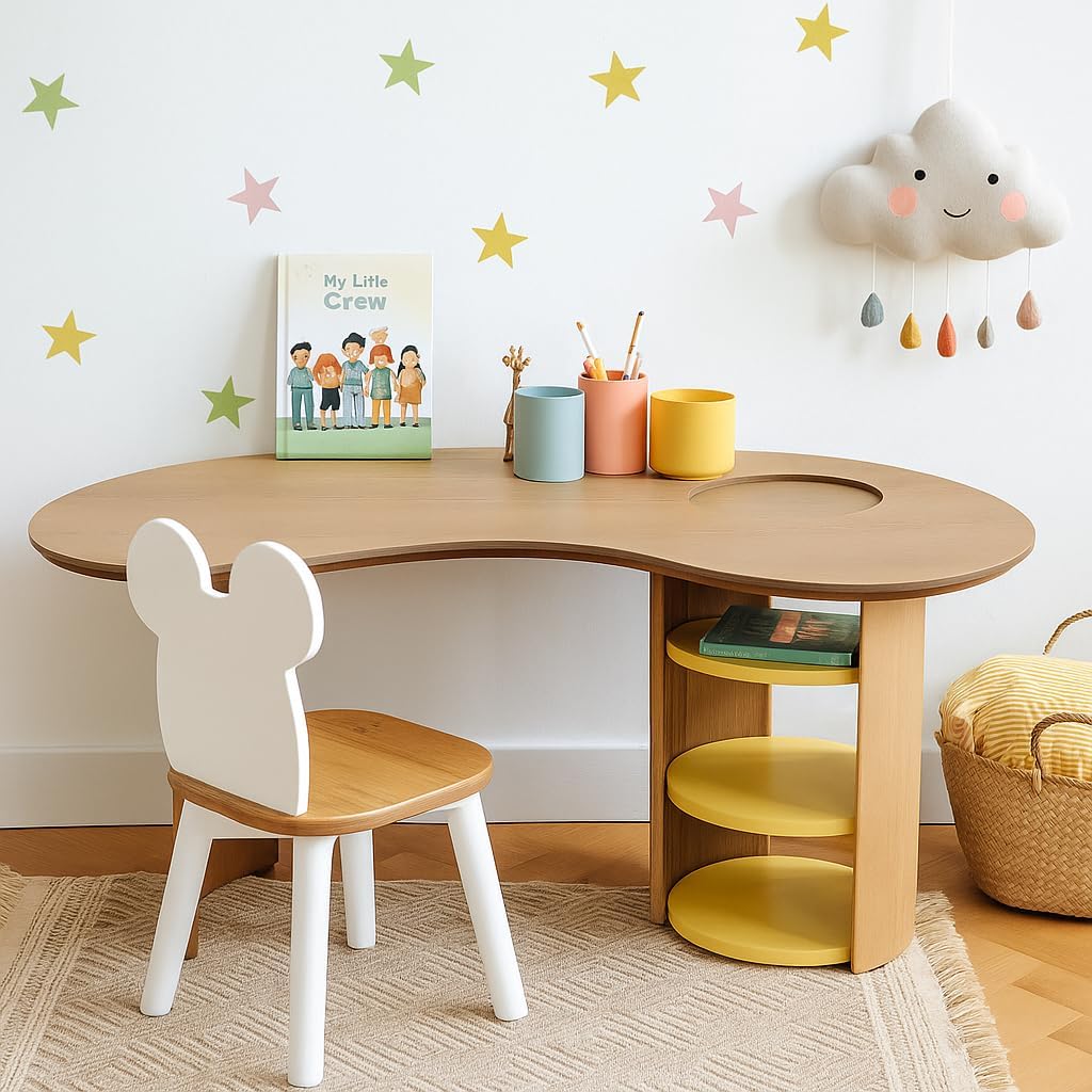 Kids Table with Storage, Kidney Desk, Half Moon Family Activity Table