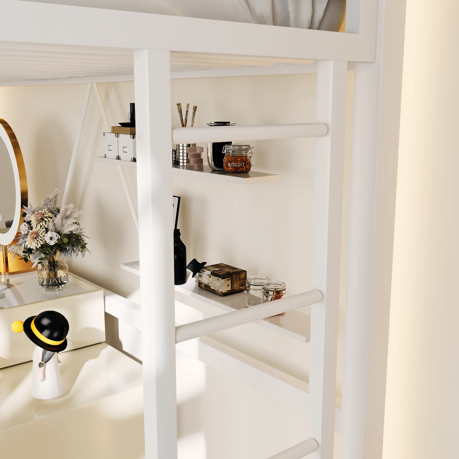 Metal Loft Bed Twin Size with Safety Guardrail and Ladder
