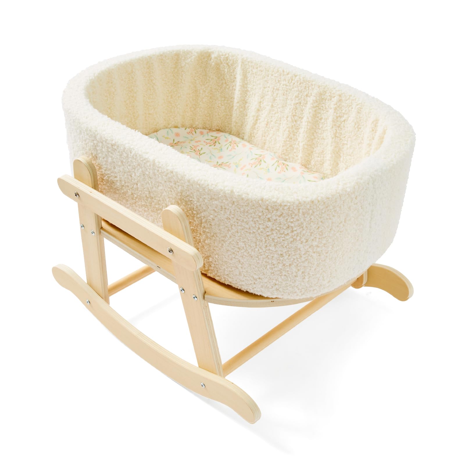 Wooden Doll Bassinet with Boucle Fabric