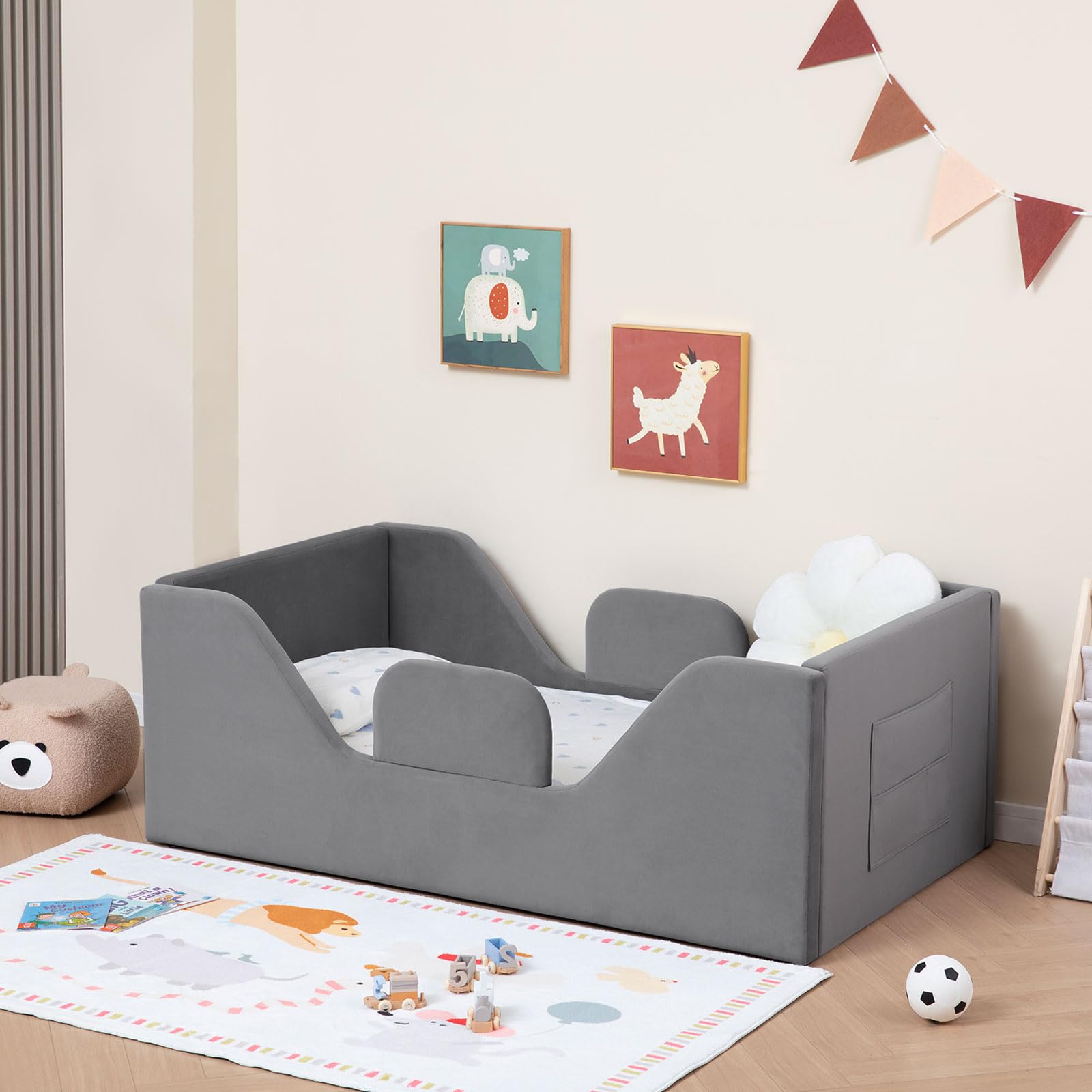 Toddler Floor Bed with Safety Rails and Storage