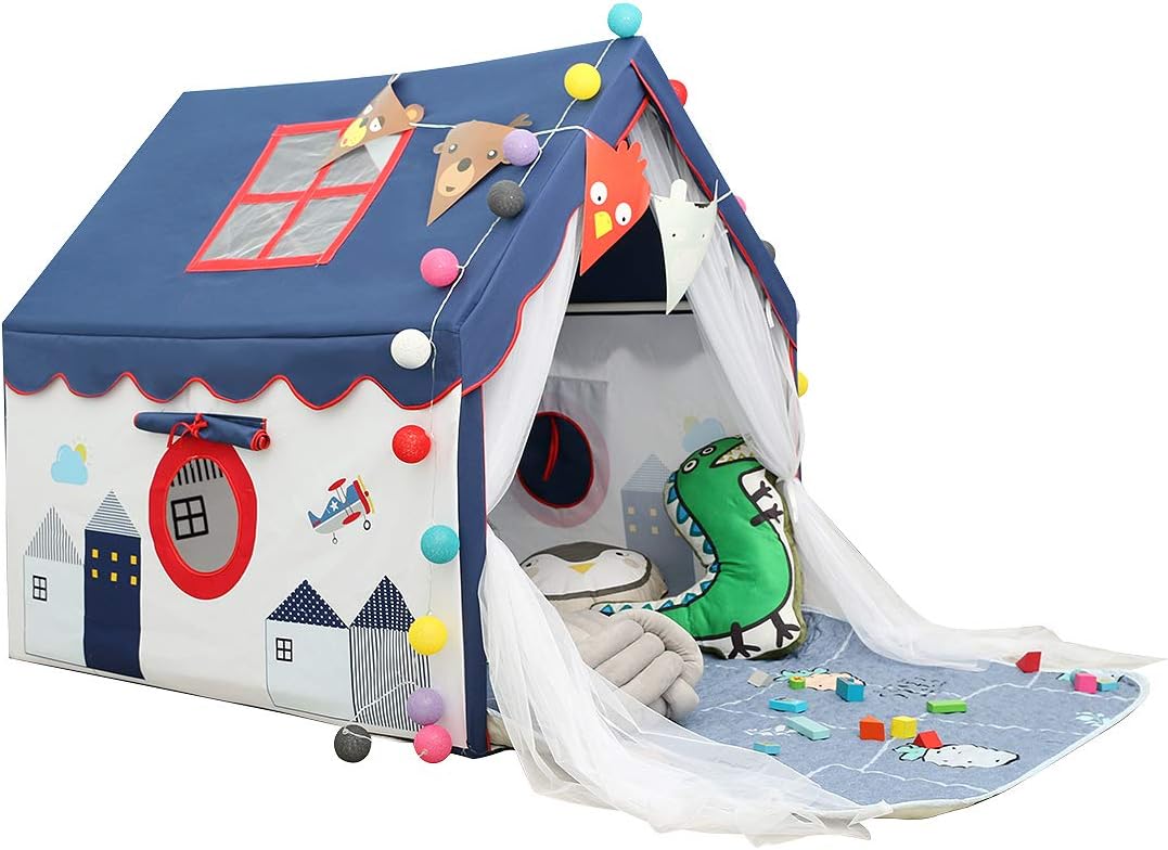 Kids Tents Indoor Playhouses Boys 9.9Ft Star String Lights Blue Tent for Upgraded Large and Longer Curtain with Colorful Accessories Decoration 50.4" x 47.3"
