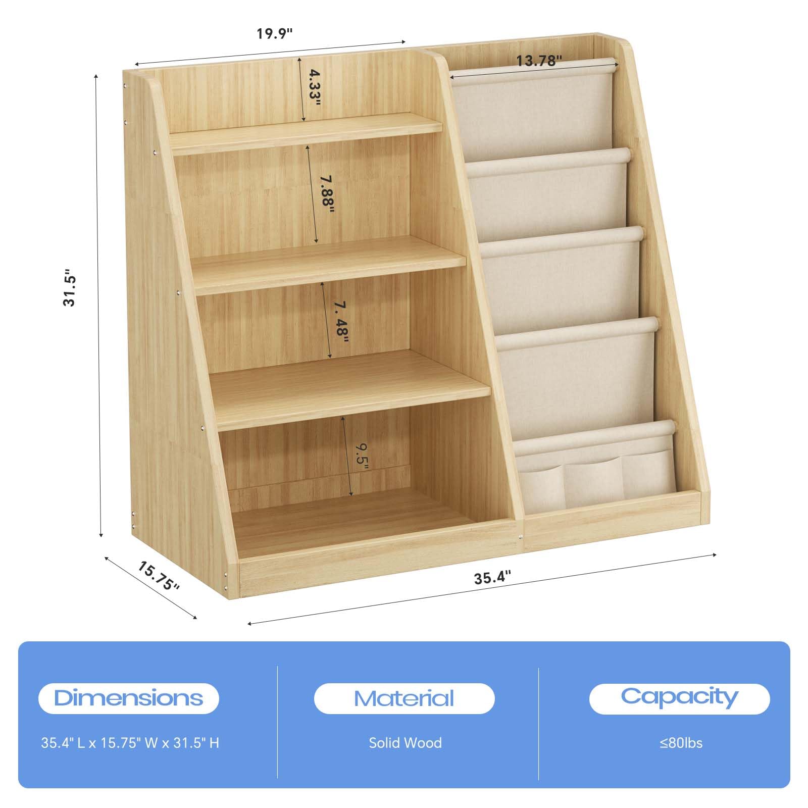 4 Tier Wooden Kids Bookshelf and Toy Storage Organizer