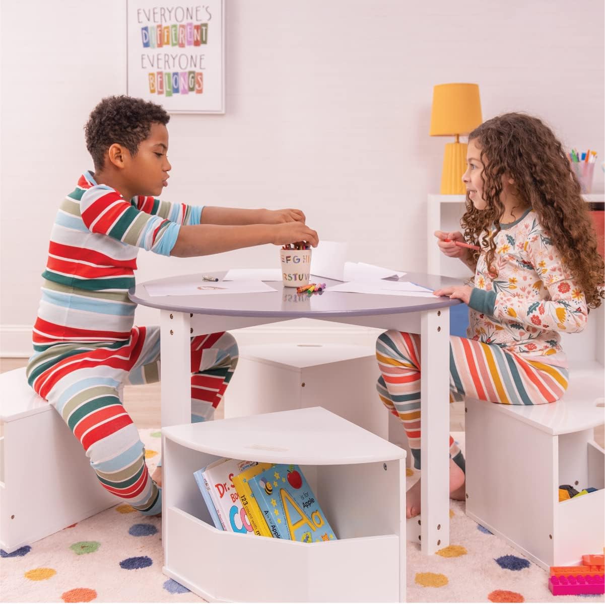 Toddler Table and Chair Set – Round Kids Activity Table With 4 Storage Stools