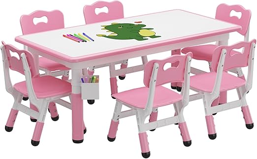 Kids Table and 6 Chairs Set with Storage Box, Height Adjustable Toddler