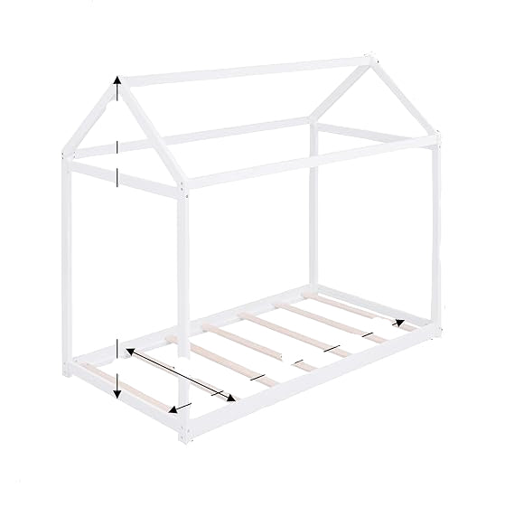 Wood House Bed,Floor Bed with Wood Slats,No Box Spring Needed,Twin Size, White