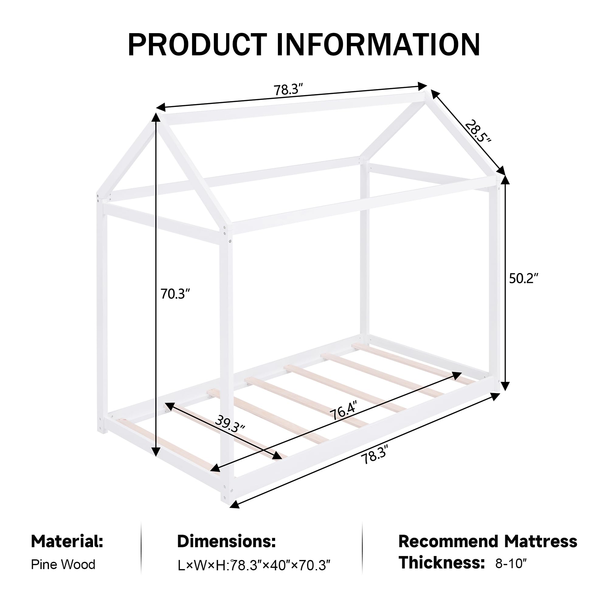 Twin House Bed Frame with Wood Slats