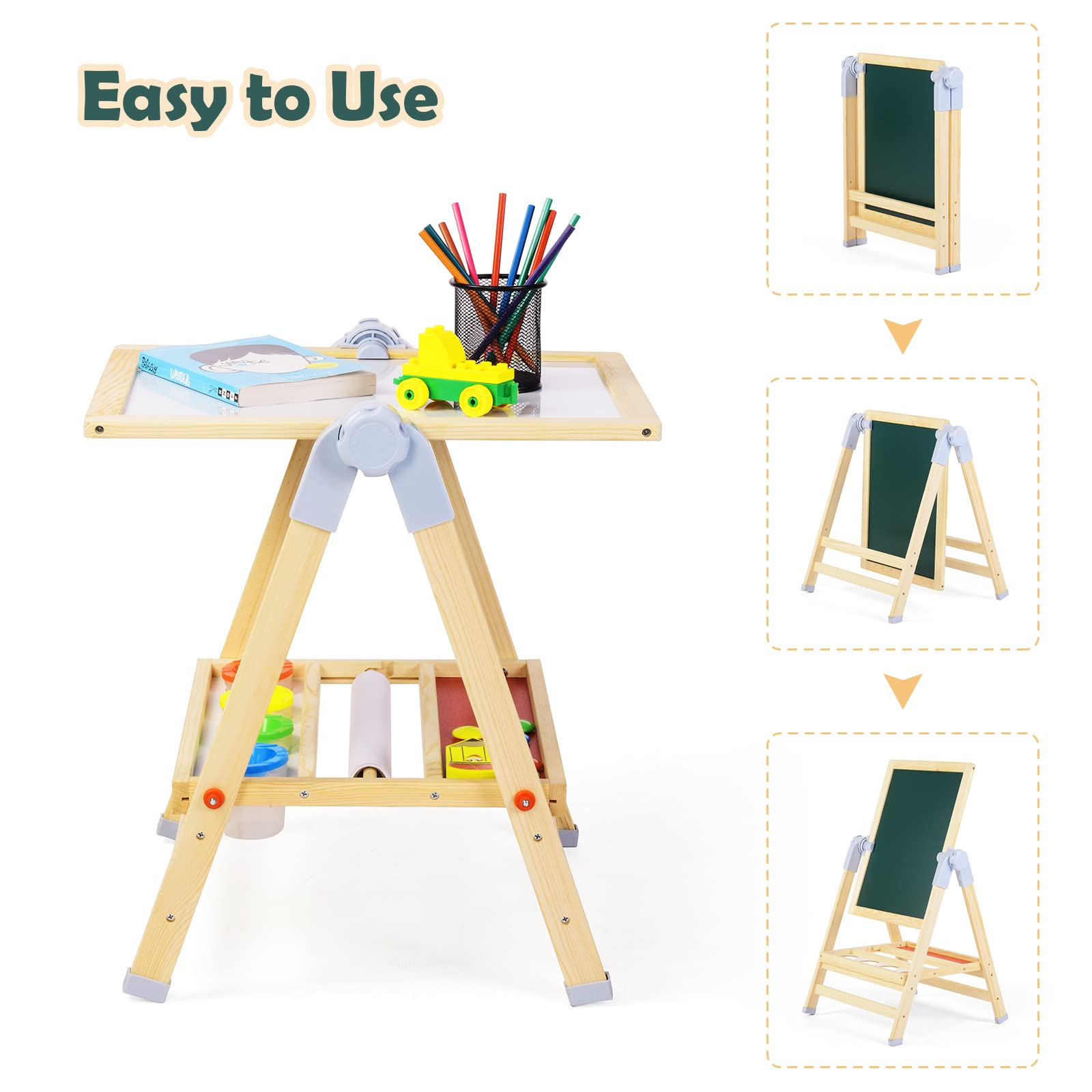 3-in-1 Adjustable Kids Art Easel with Chalkboard and Whiteboard