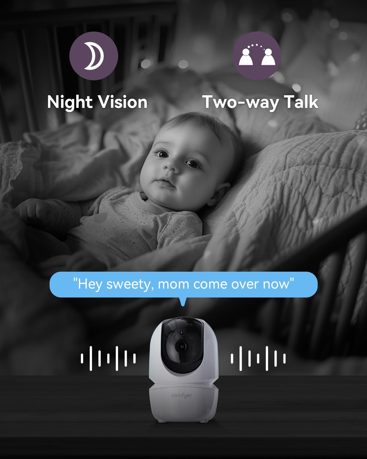 Comfyer 7" Split-Screen Baby Monitor with 2 1080P Cameras, 720P HD No WiFi Monitor with a Flexible Bracket, Video Baby Monitor with Camera and Audio, 2 Way Audio, Remote PTZ, Auto Night Vision