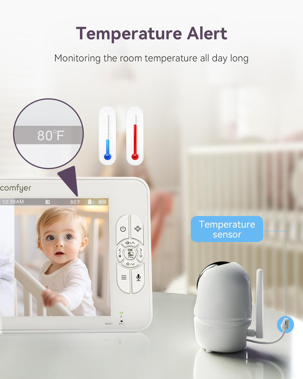 Comfyer 7" Split-Screen Baby Monitor with 2 1080P Cameras, 720P HD No WiFi Monitor with a Flexible Bracket, Video Baby Monitor with Camera and Audio, 2 Way Audio, Remote PTZ, Auto Night Vision