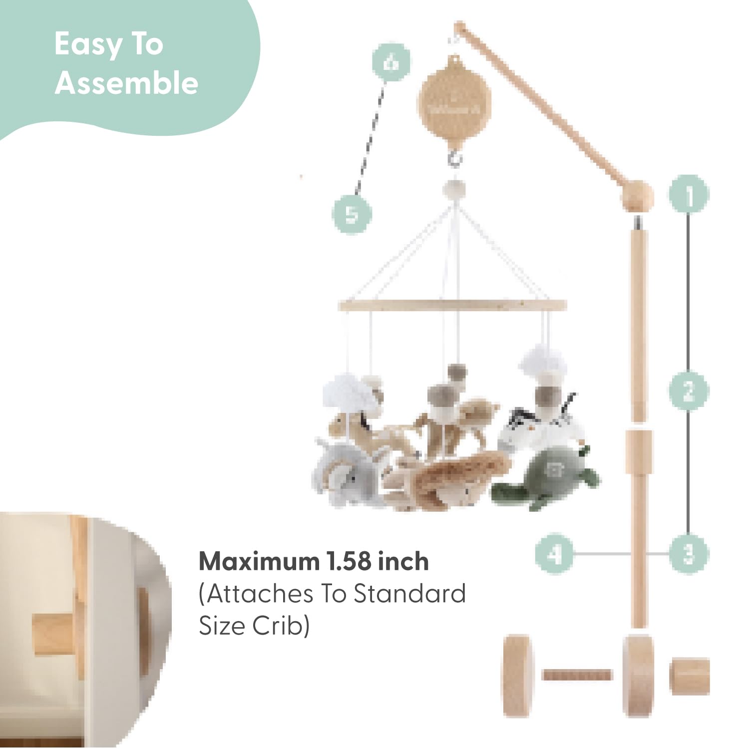 Wooden Musical Crib Mobile with Safari Animals