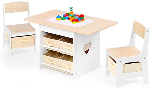 Kids Table and 2 Chairs Set 2-in-1 Plastic Building Blocks-Compatible Activity