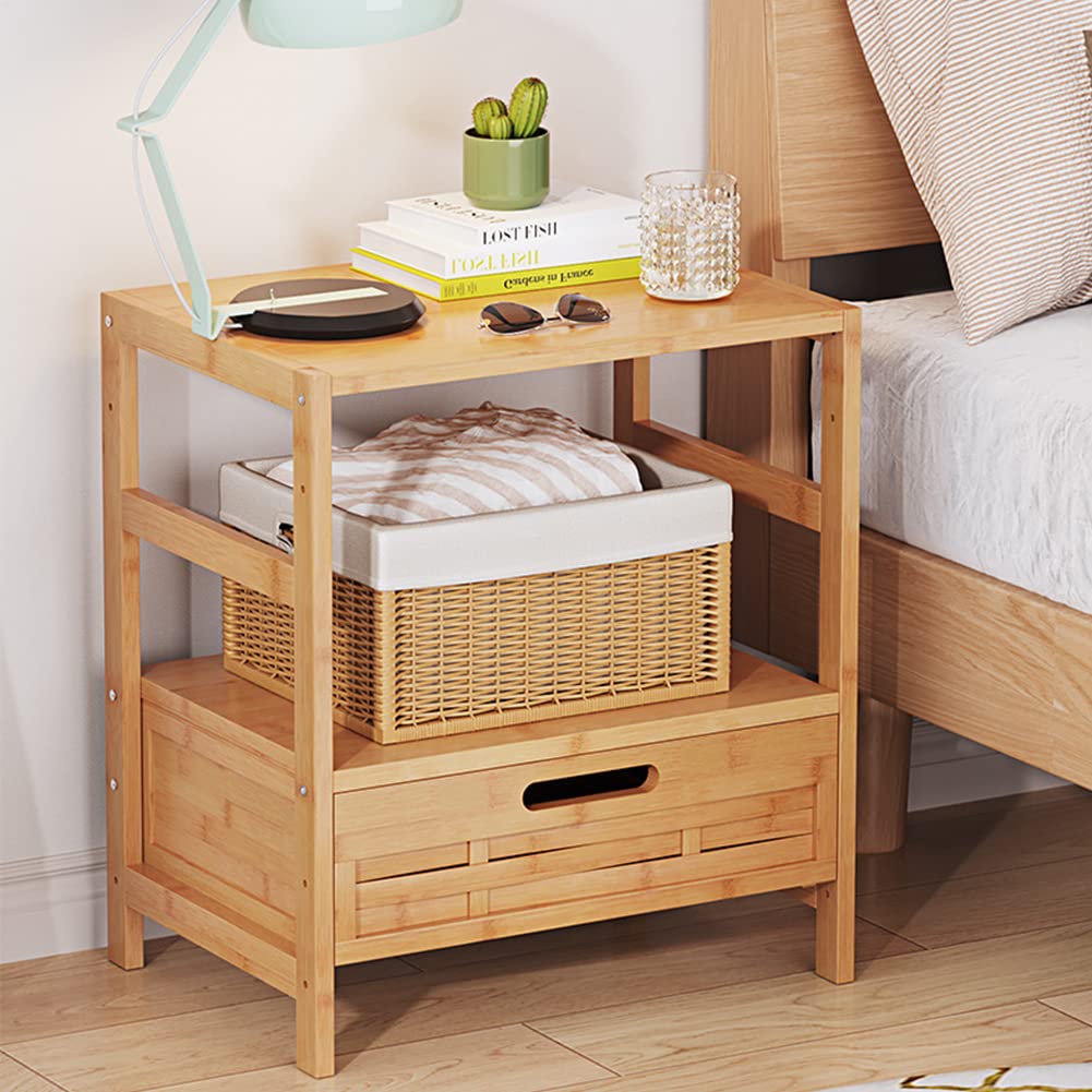 Bamboo Nightstand with Drawer and Storage Shelves