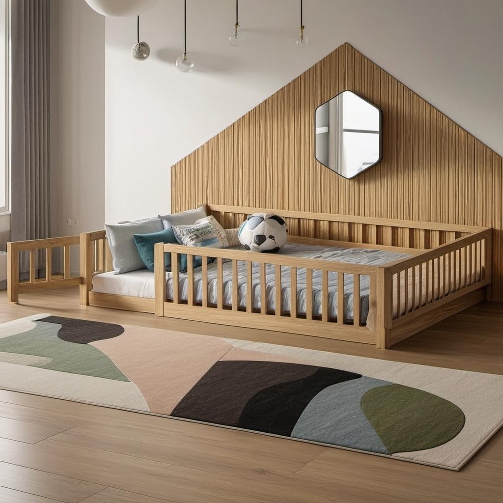 Twin Montessori Floor Bed with Safety Rails and Convertible Door