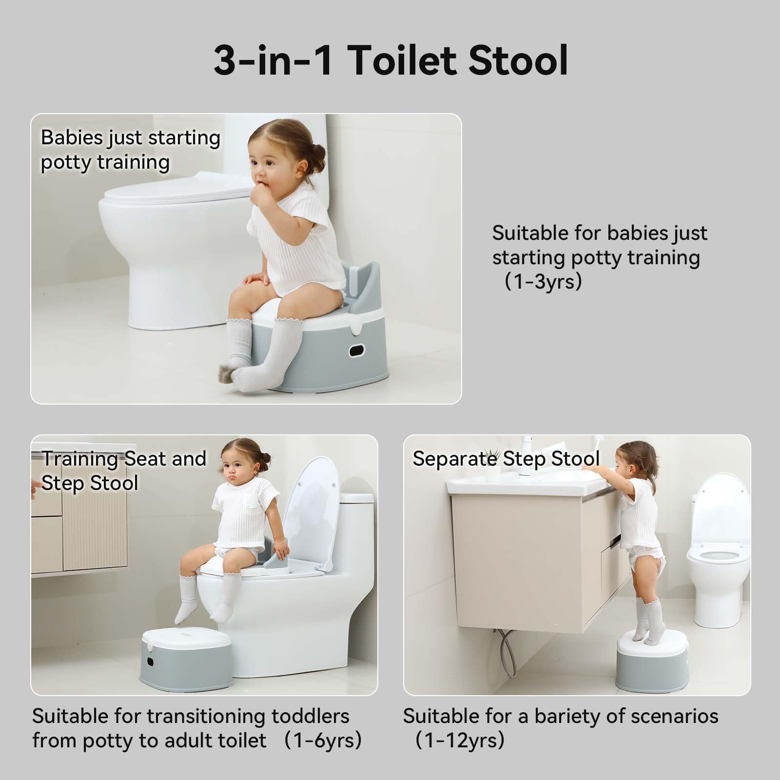 RGKQSY 3 in 1 Toddler Potty Training Toilet Seat with Steps Ladder, Foldable Potty Train Chair Adapter for Toddlers Kids Boys Girls, Gray