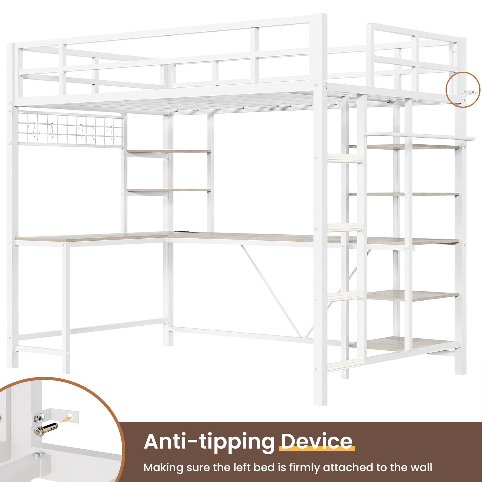 Twin Loft Bed with L-Shaped Desk and Charging Station