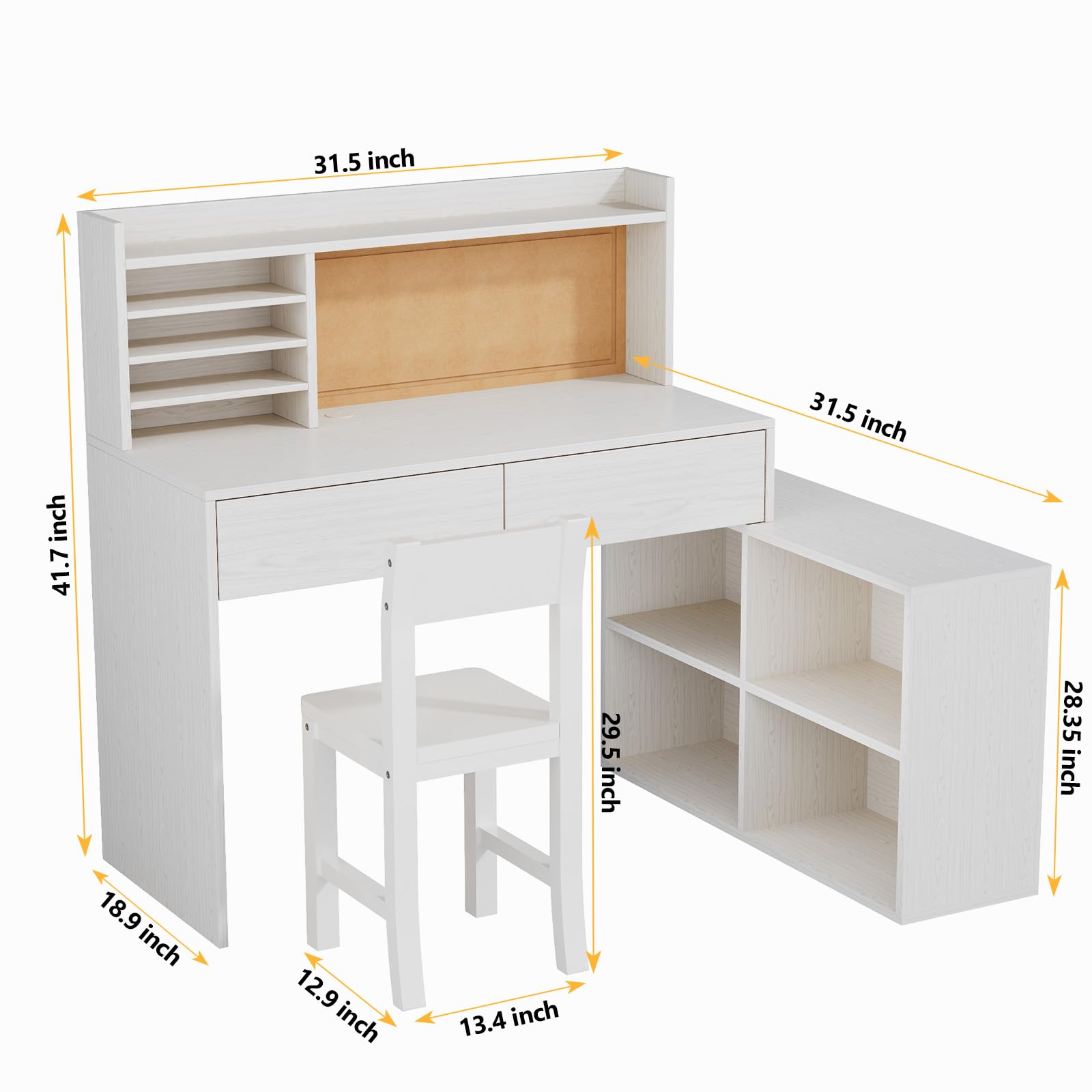 White Wooden Kids Desk and Chair Set with Storage Cabinet
