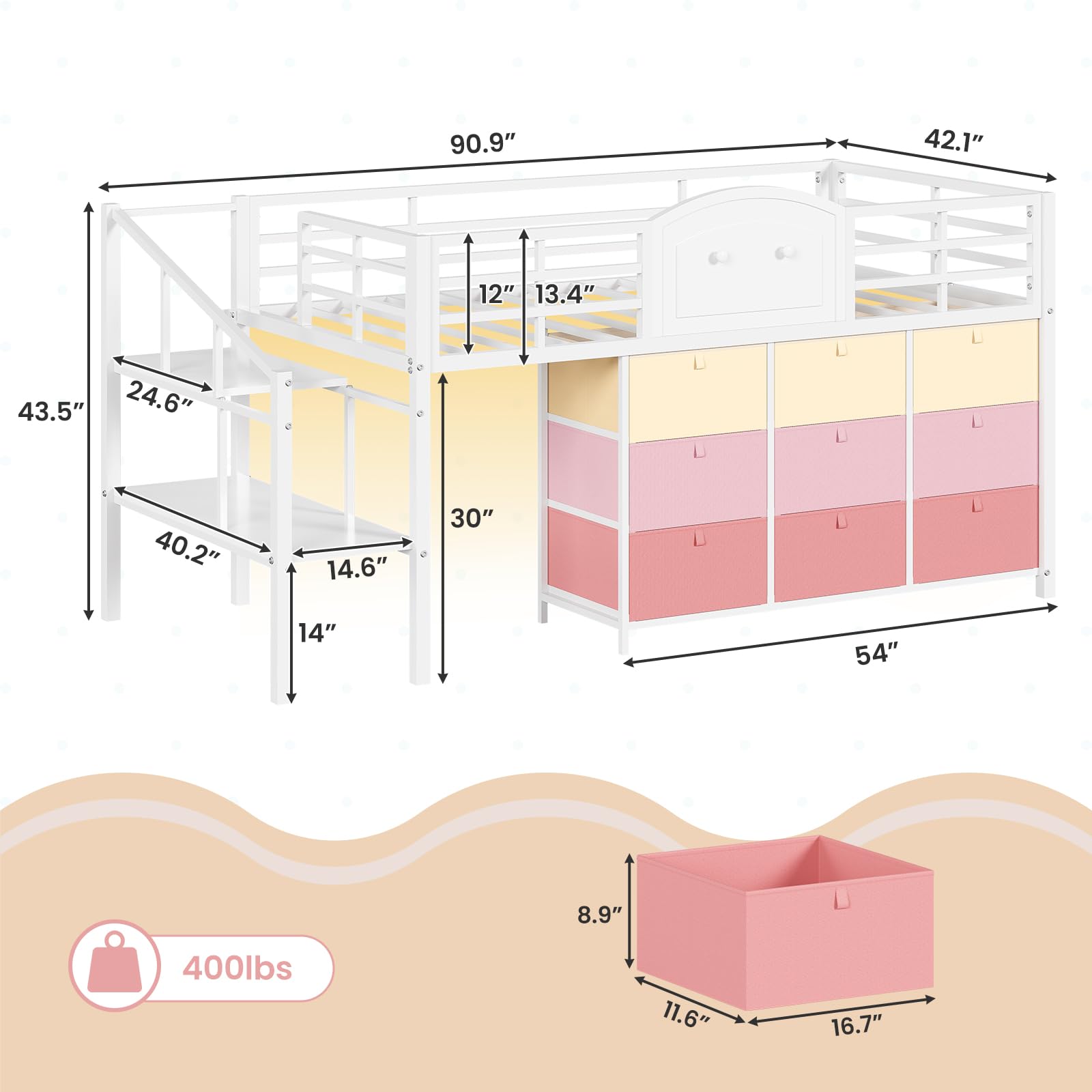Low Loft Bed Twin with Storage Drawers and LED Lights
