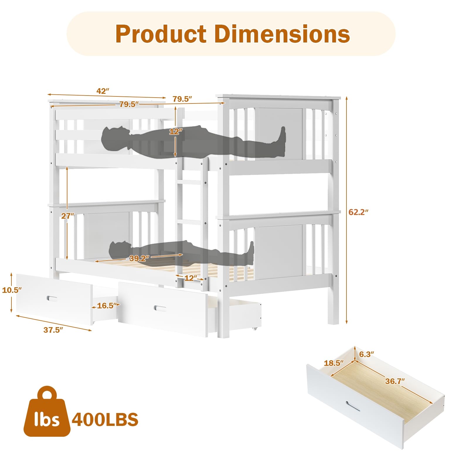 Twin Over Twin Bunk Bed with Storage Drawers and Ladder