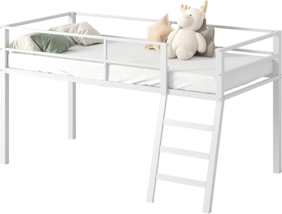 Loft Bed Twin Size, Low Junior Metal Twin Loft Bed with Stairs and Safety Guard