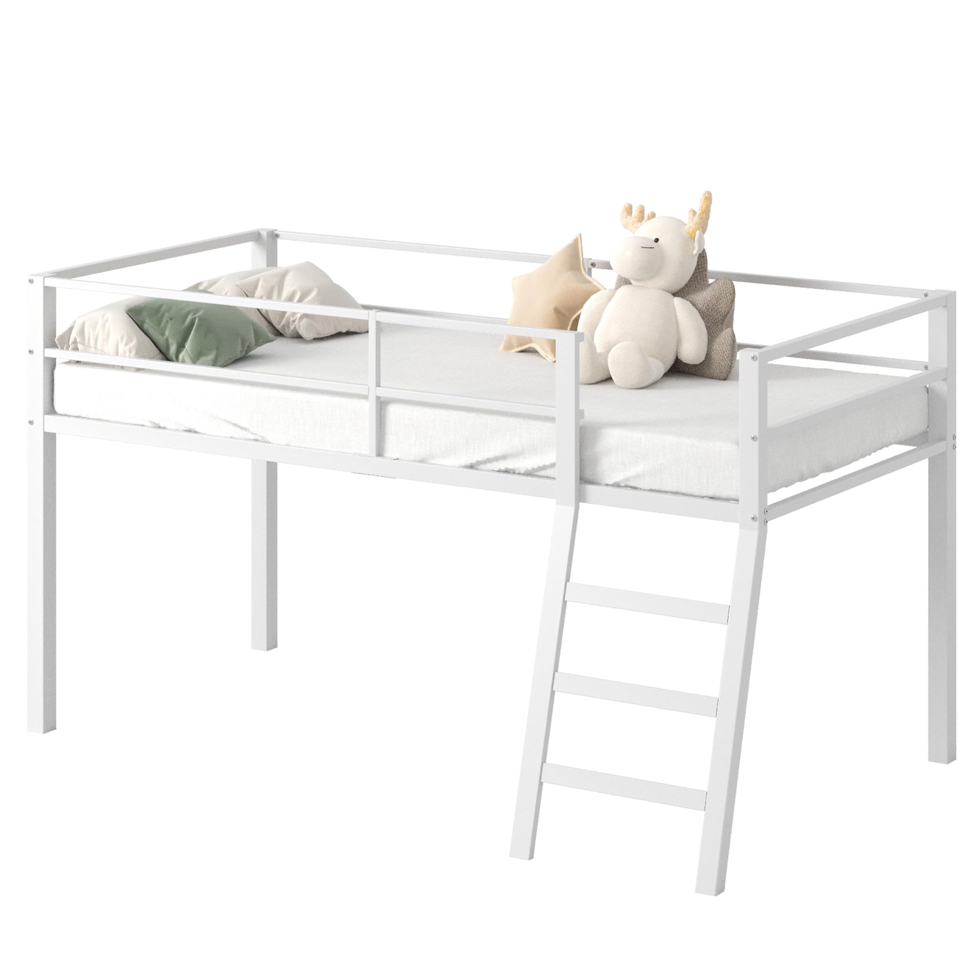 Loft Bed Twin Size, Low Junior Metal Twin Loft Bed with Stairs and Safety Guard