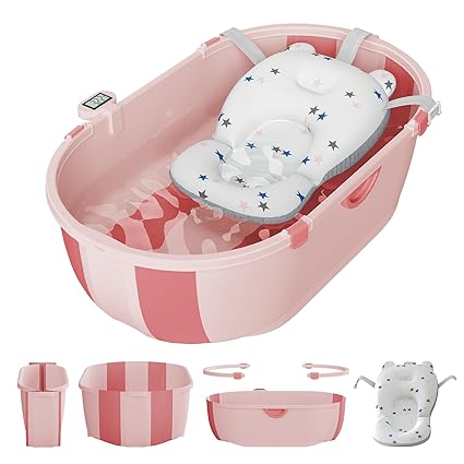 Baby Bathtub for Infants to Toddlers with Soft Bath Cushion Foldable Baby Bath