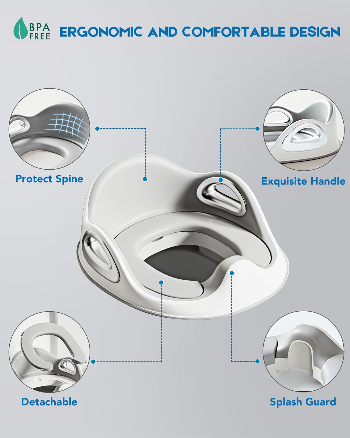 Youocomu Potty Training Toilet Seat, Toddler Toilet Seat Attachment with Safety Handles, Detachable Soft Cushion, Anti-Slip Design and Splash Guard, Baby Toilet Seats for Kids, Boys and Girls (Grey)