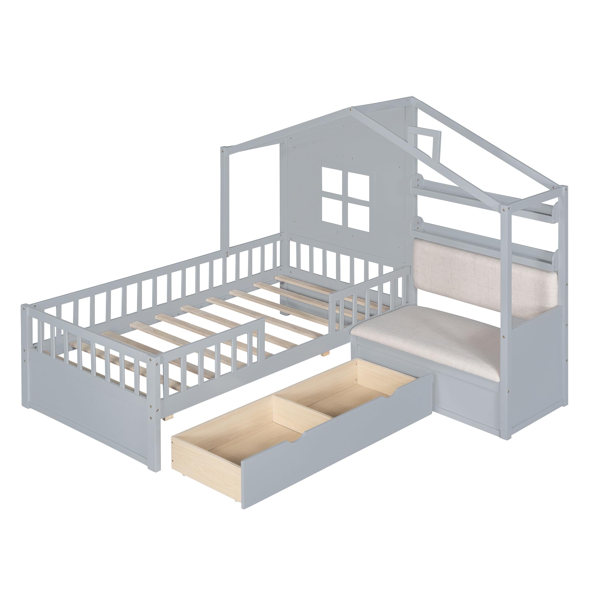 Kids Twin House Bed Frame with Upholstered Sofa and 2 Drawers