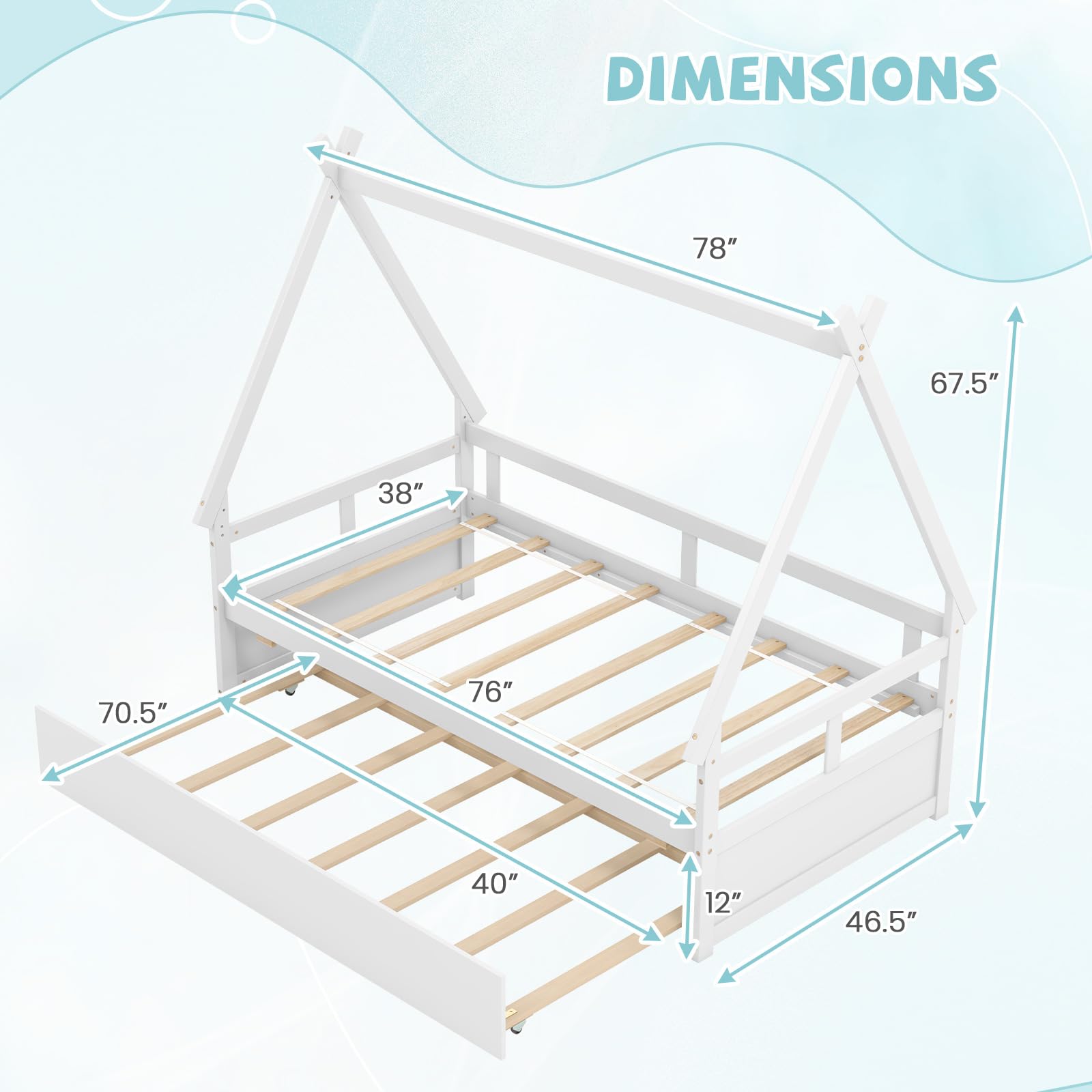 Giantex House Bed with Trundle Twin, Wood Montessori Bed Frame with Safety Guardrail, Low Kids Teepee Bed for Boys Girls Teens, No Box Spring Needed, White