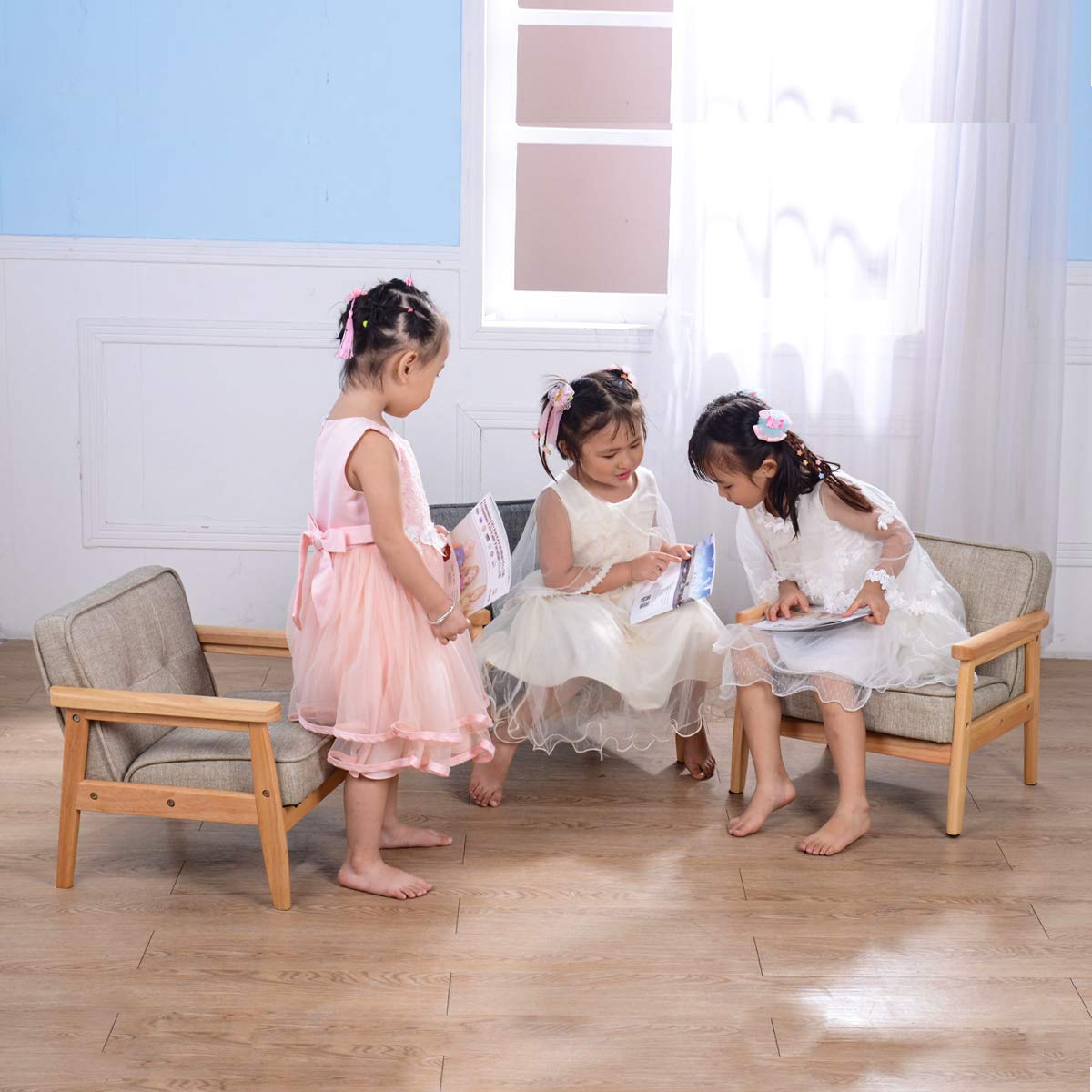 Kid Chair Sofa ,Upholstered Armrest Chair with Solid Wood Structure and Linen