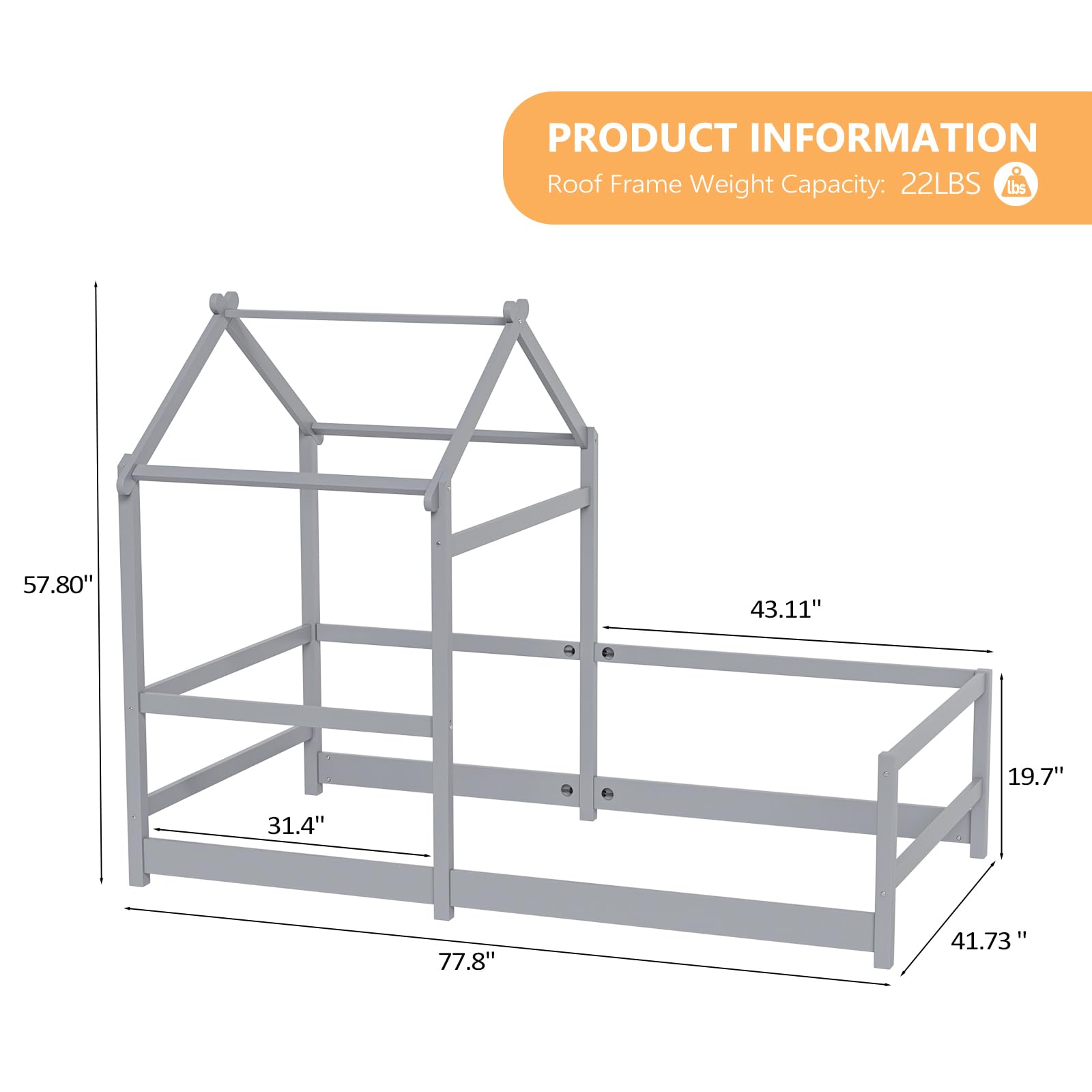 Twin House Floor Bed Frame with Roof and Safety Fence