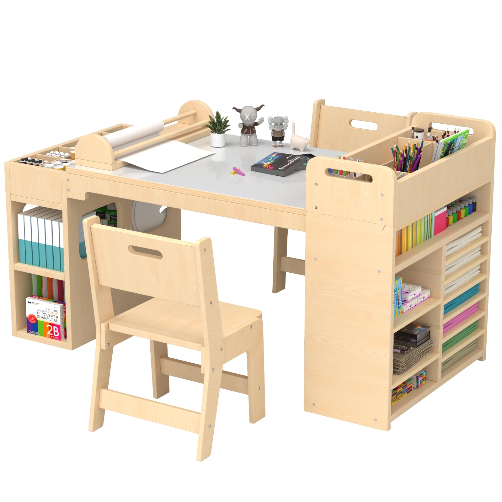Kids Art Table and Chair Set with Storage and Paper Roll Rack