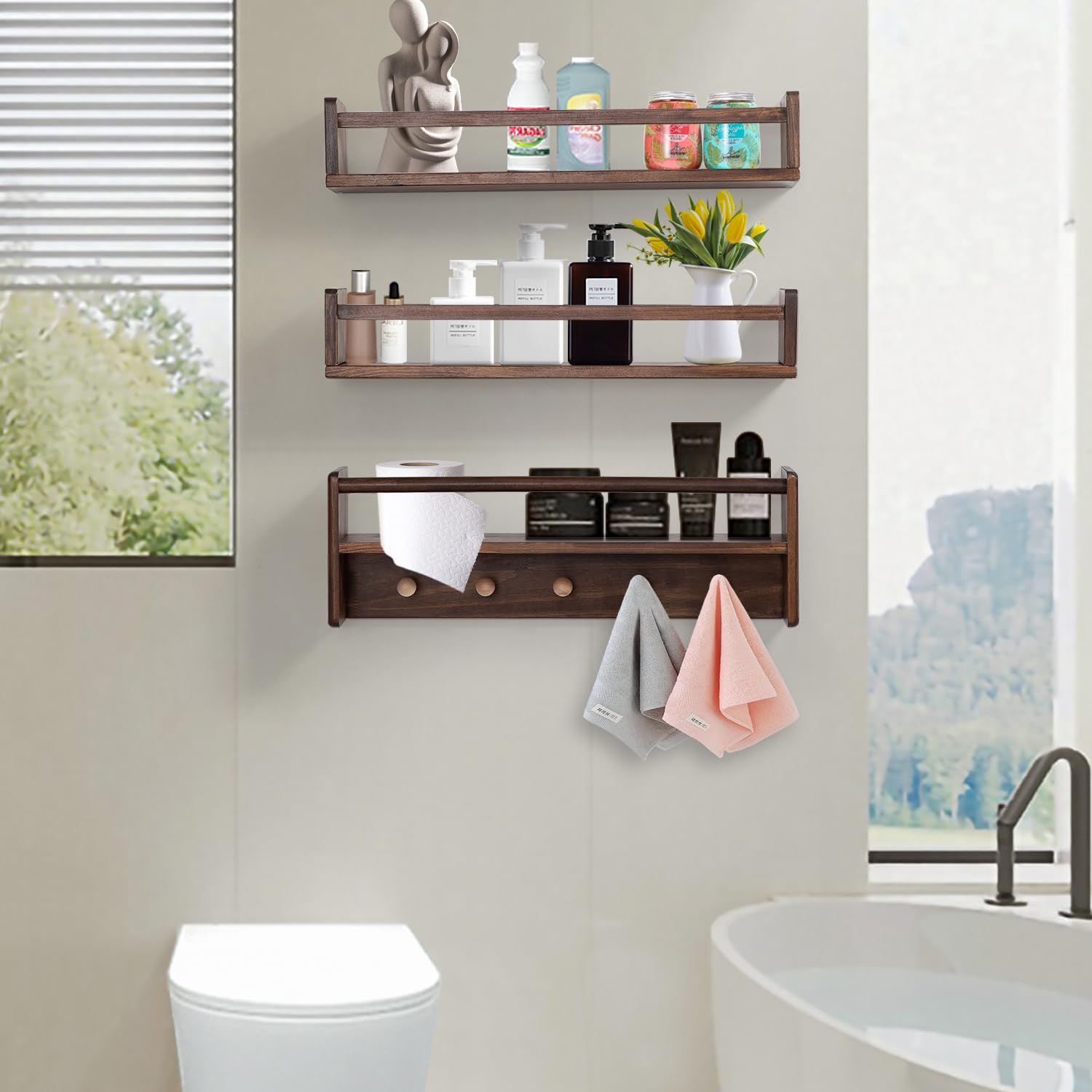 24 Inch Floating Bookshelf Wall Mount Set of 3 with Hooks