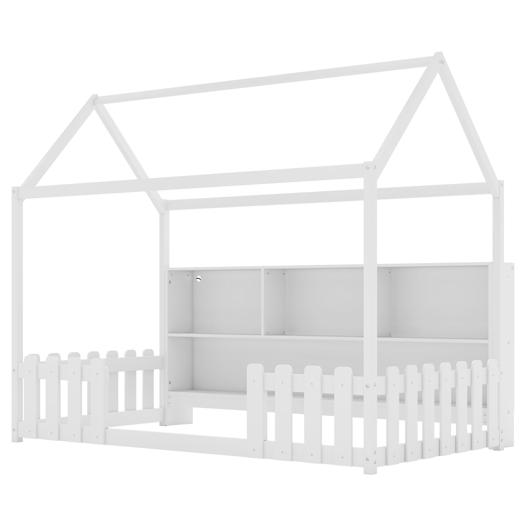 Twin Floor Bed with LED Light and Storage Bookshelf