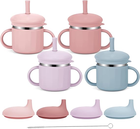 Stainless Steel Baby Sippy Cups, 7.4 Oz Spill Proof Toddler Straw Cups