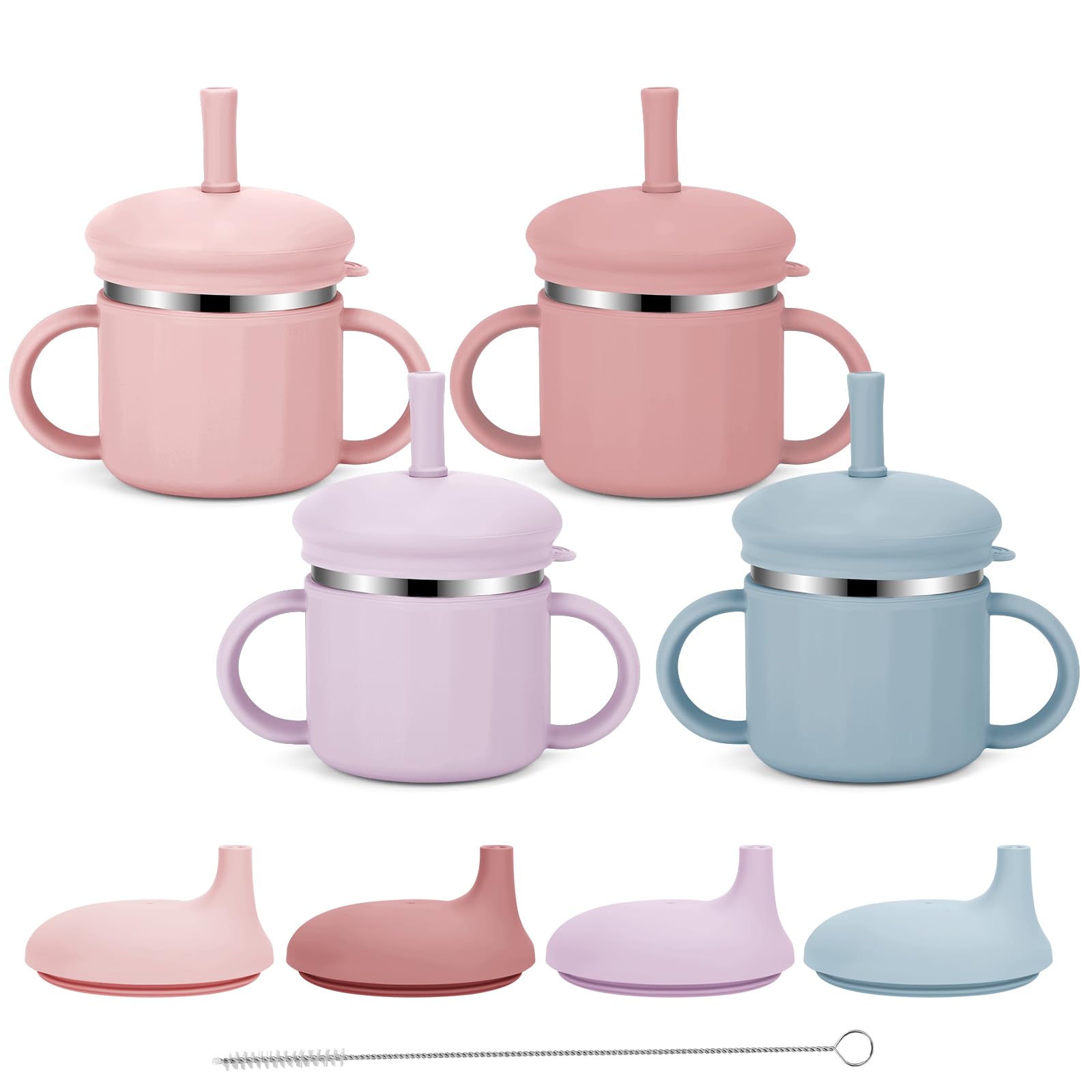 Stainless Steel Baby Sippy Cups, 7.4 Oz Spill Proof Toddler Straw Cups