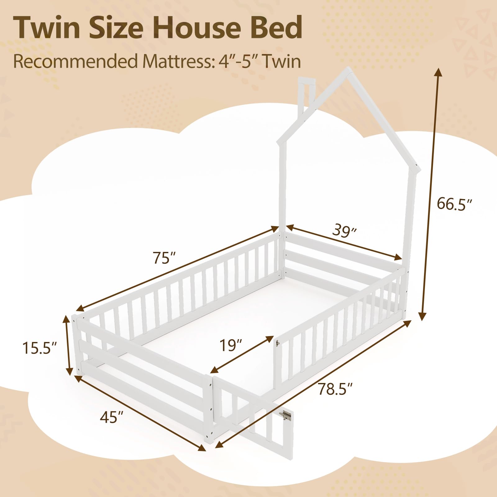 Twin Floor Bed with House-Shaped Headboard and Safety Guardrail