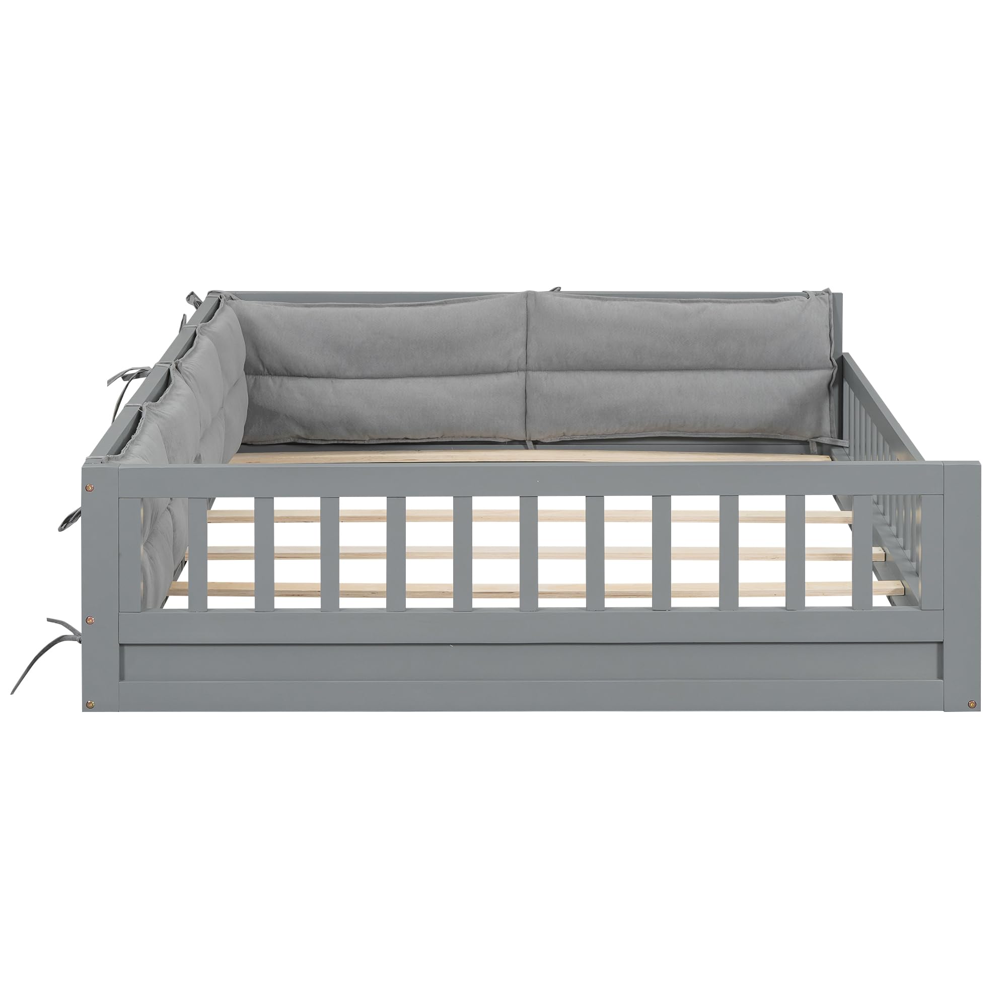 Full Size Floor Bed with Safety Guardrails and Pillows for Kids
