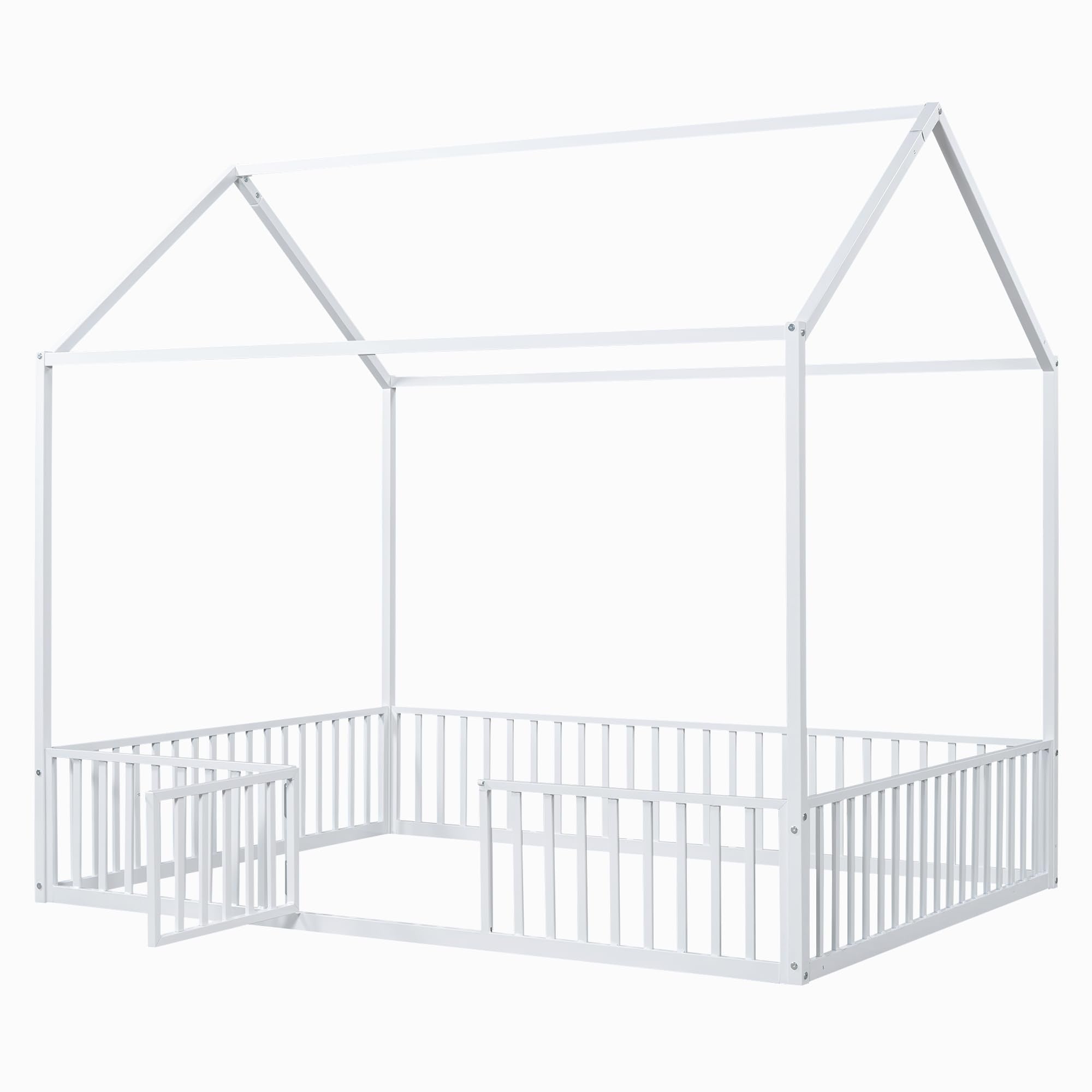 Full Size Floor Bed with Door and Fence, Metal Montessori Bed