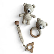 Organic Cotton Handmade Crotchet Bear Rattle, Toy, teether and Pacifier Holder