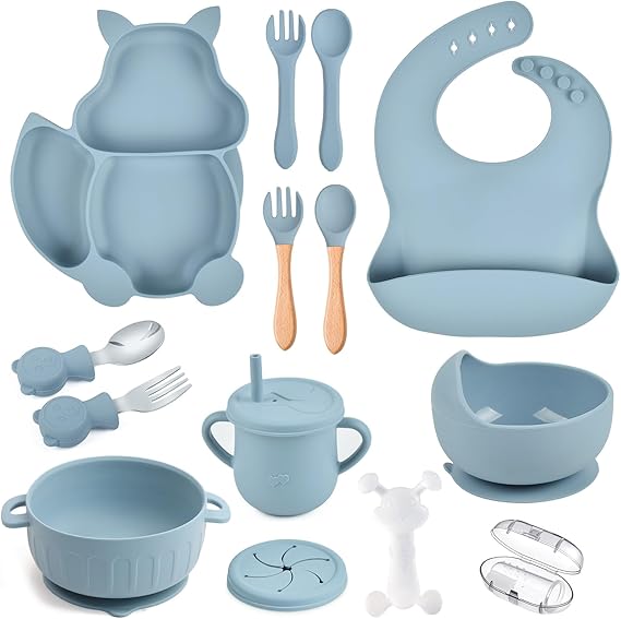 Feeding Set 15 Pcs - Suction Bowl, Divided Plate, Bib, Cup