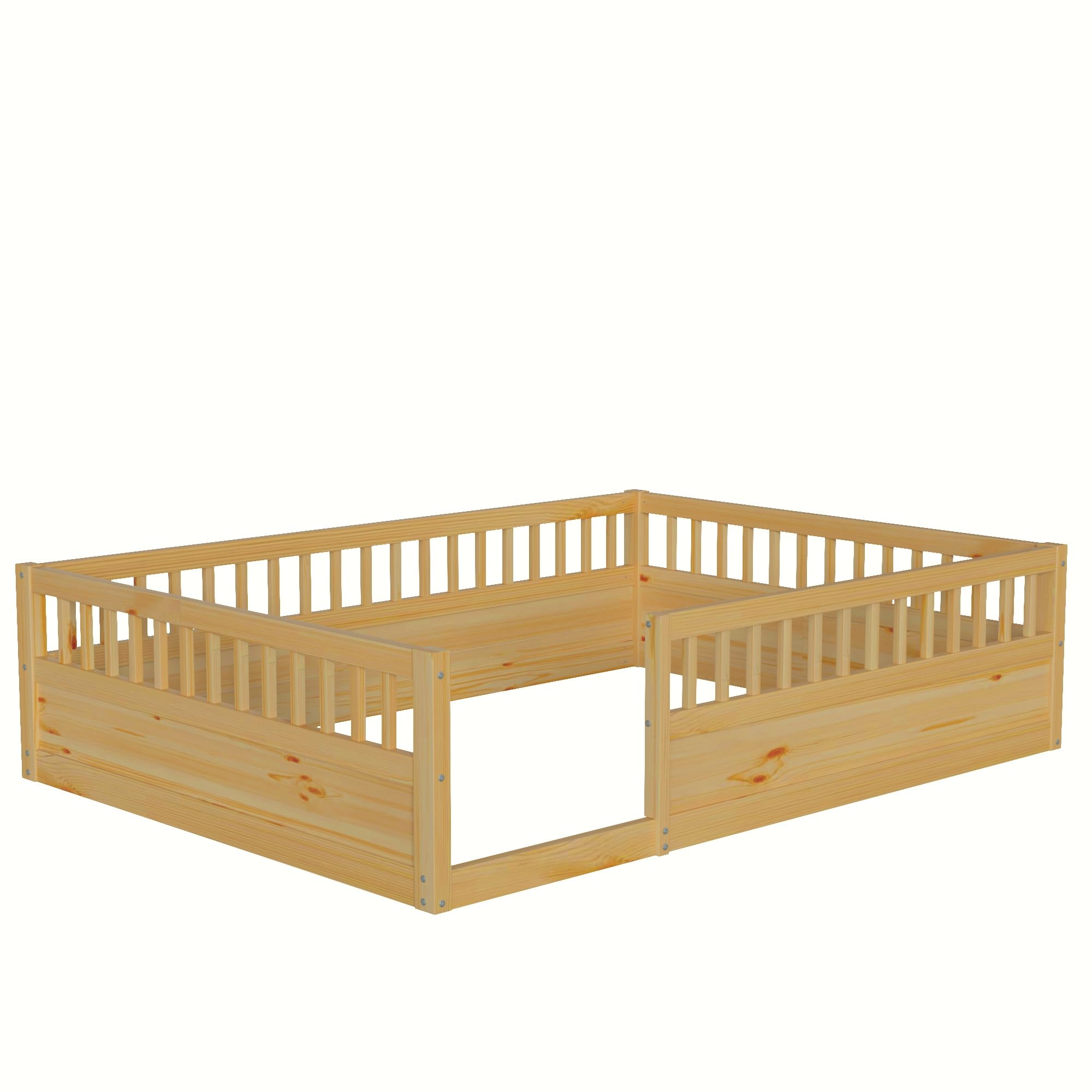 Full Size Montessori Floor Bed, Solid Wood Playhouse Bedframe with Safety High