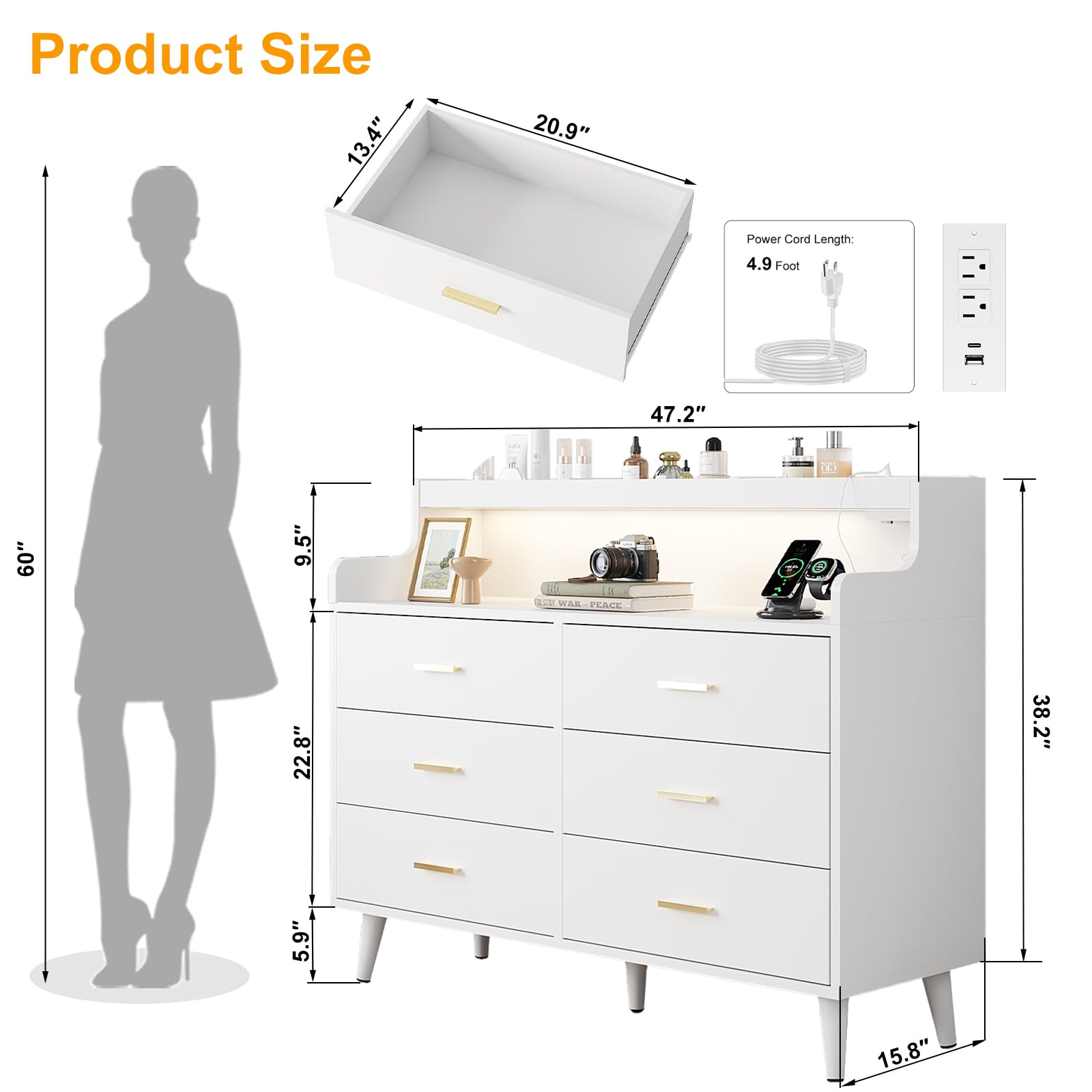 Wooden Dresser with Charging Station and LED Lights