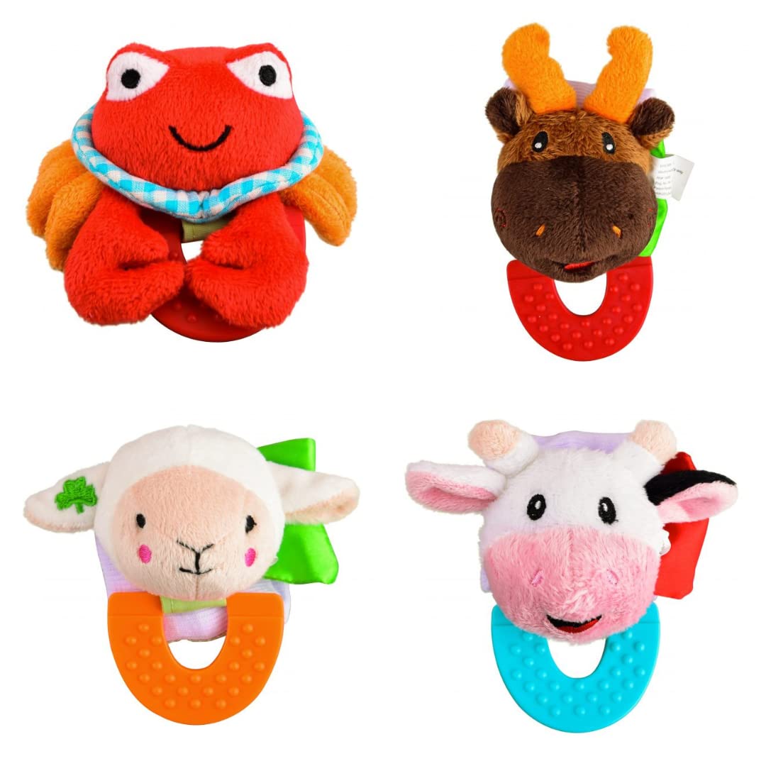 Pack of 4, Crab, Moose, Lamb, and Cow Combo Teether for Babies, 0-2.5yrs Baby Toys