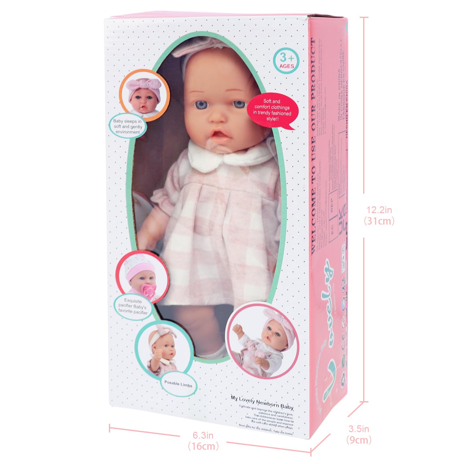 12″ Baby Doll Classic Checkered Dress & 6-Piece Accessories Gift Box Packaged – Soft Realistic Lifelike Baby Dolls for Toddlers & Little Girls