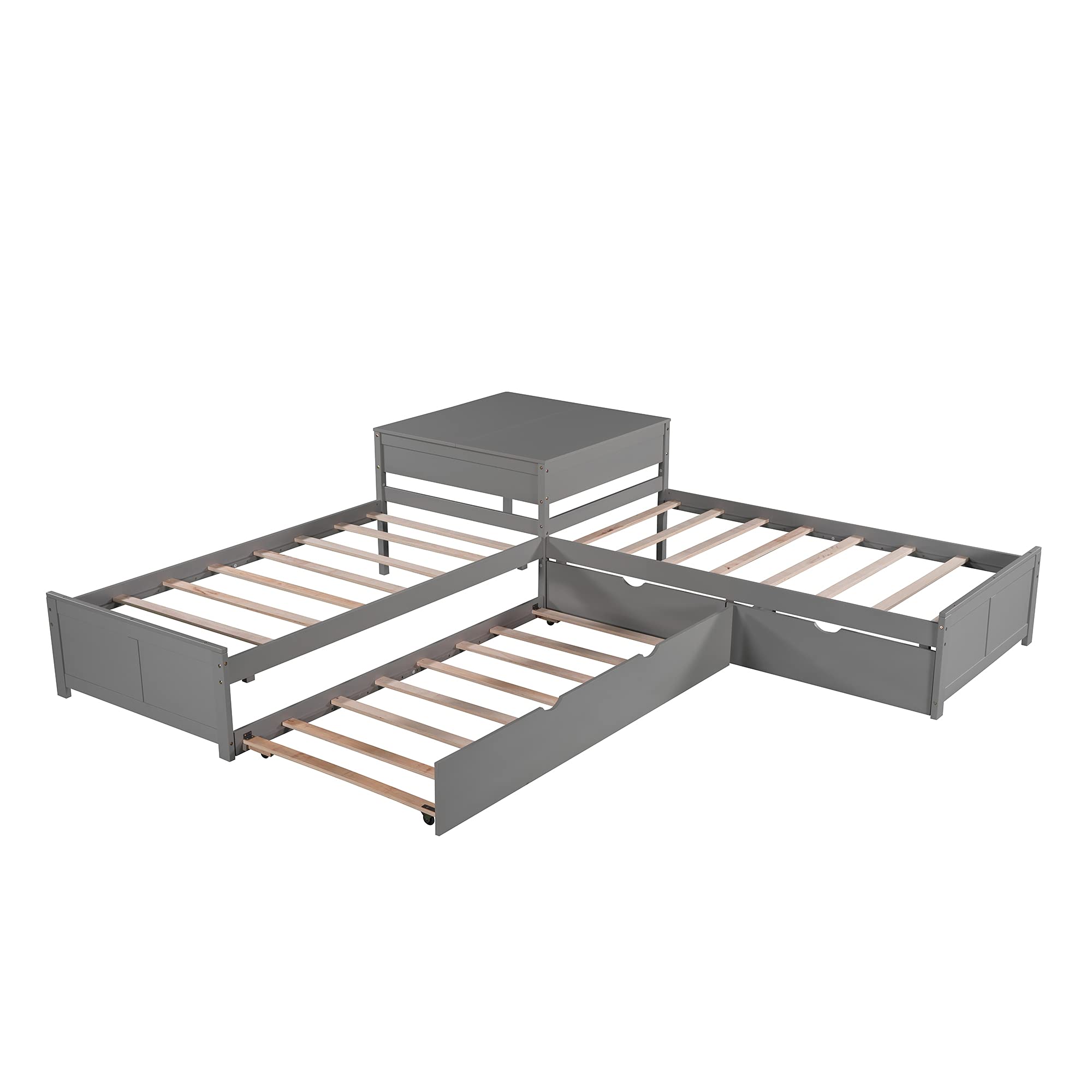 Merax L-Shaped Platform Bed with Trundle, Drawers and Built-in Desk, Wood Bed for Teens, L Shaped Twin Bed, Grey