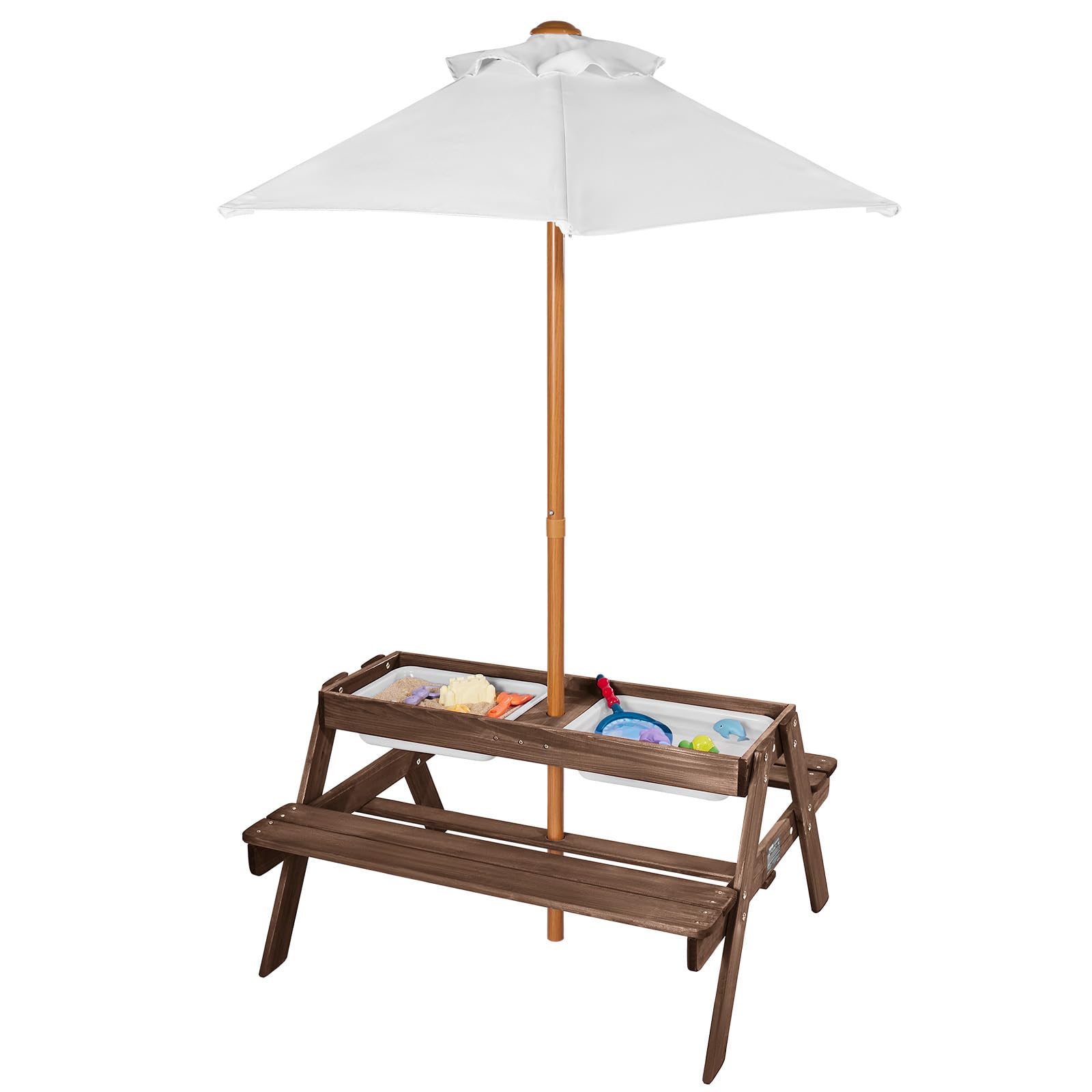 Kids Picnic Table with Umbrella 3-in-1 Sand Water Table Outdoor Wooden Bench Set
