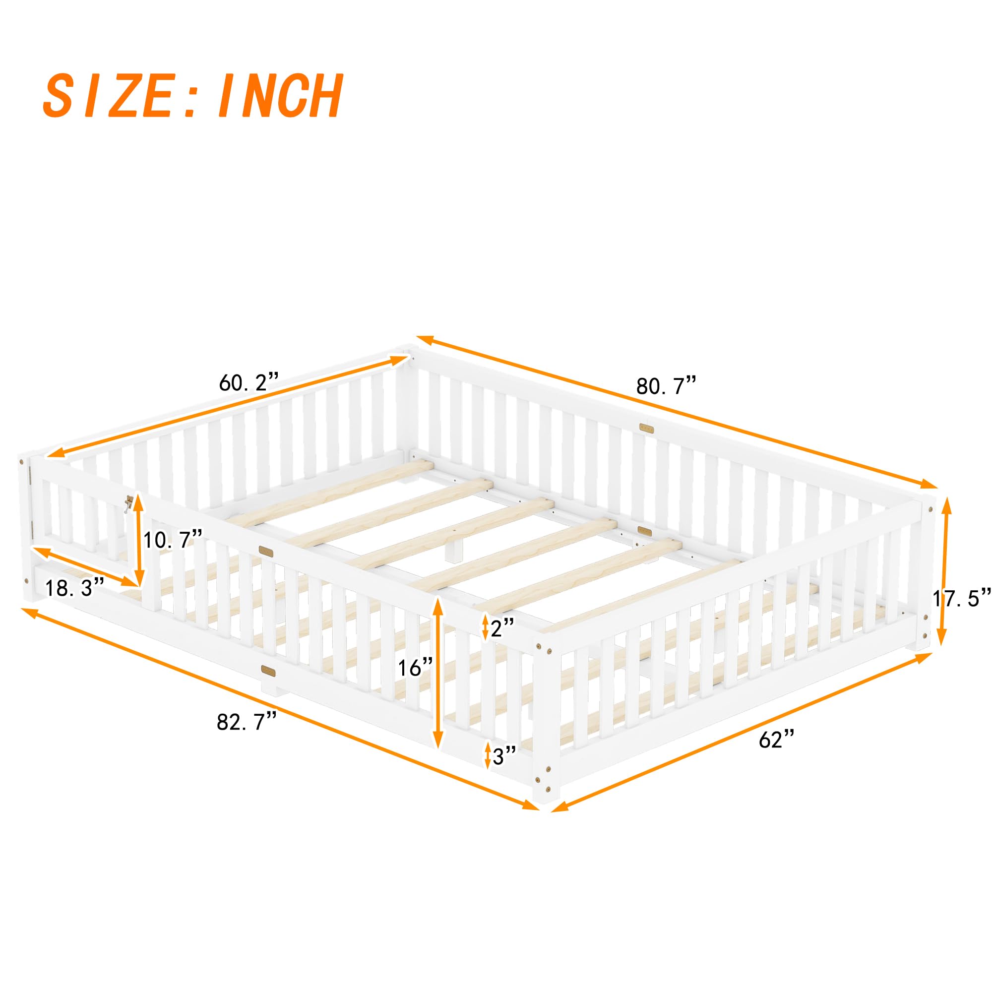 Queen Size Floor Bed for Kids with Door and Slats